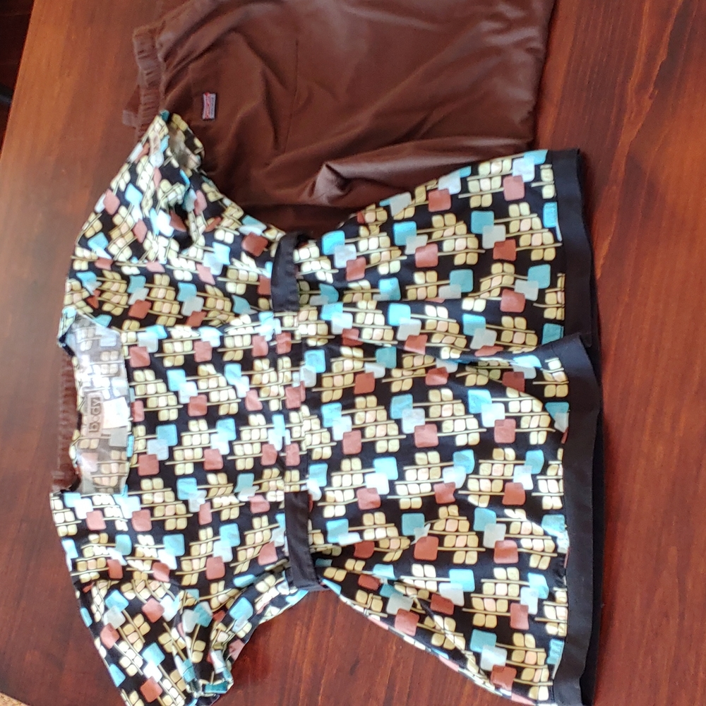Retro scrub set, brown and turquoise, top is L and M flare pants.